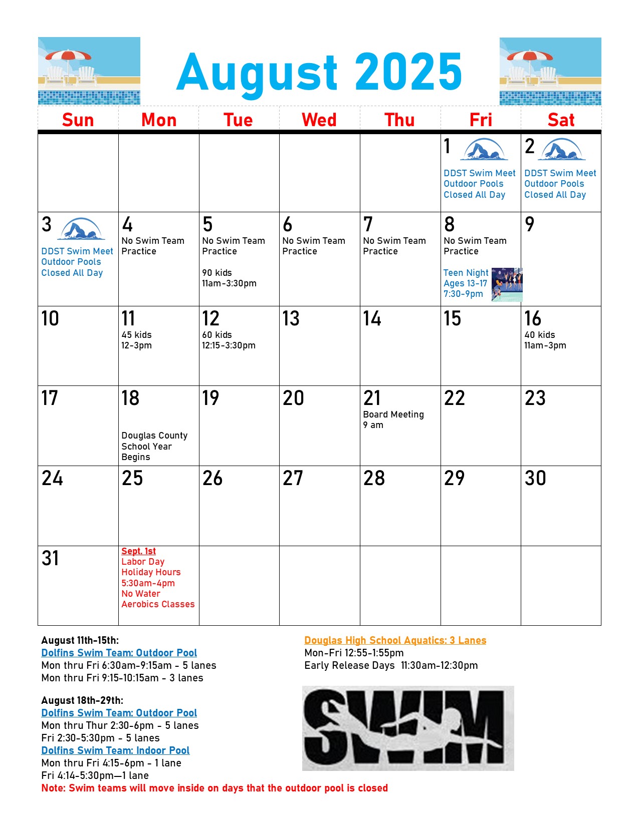 Carson Valley Swim Center July Event Calendar