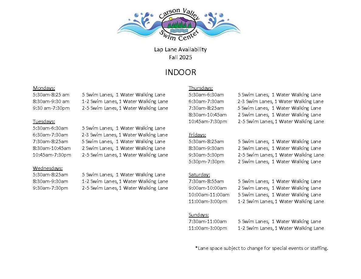 Carson Valley Swim Center winter lane availability schedule