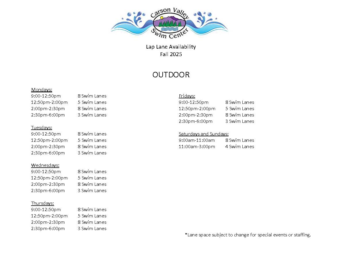 Carson Valley Swim Center winter lane availability schedule