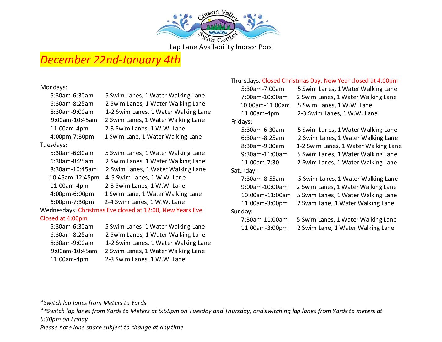 December lanes 2025 second half Carson Valley Swim Center winter lane availability schedule