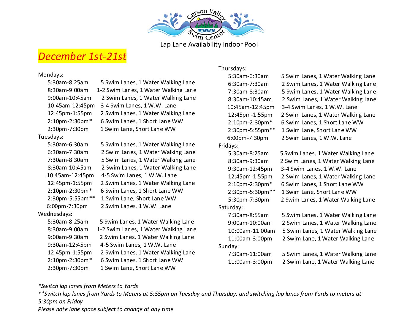 Indoor Lap Lane Availability Dec 2025 Carson Valley Swim Center winter lane availability schedule
