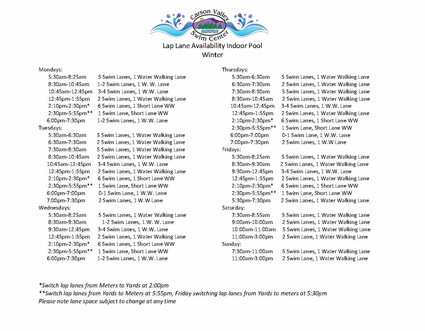 Carson Valley Swim Center winter lane availability schedule