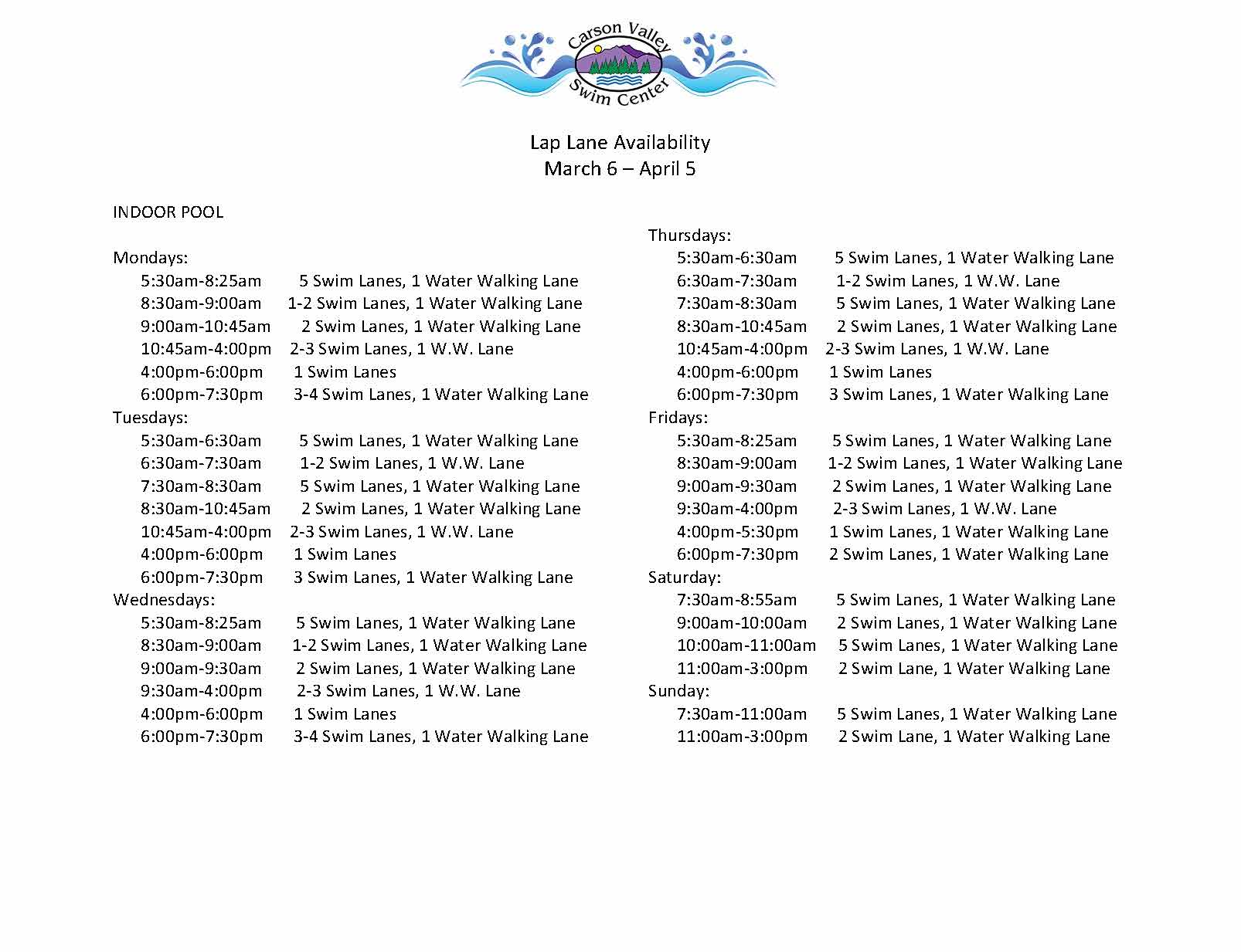 Carson Valley Swim Center winter lane availability schedule