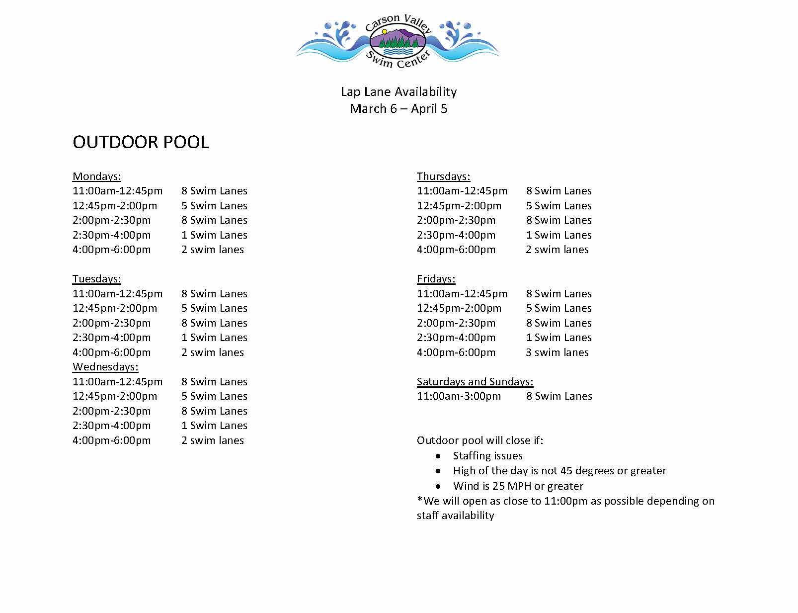 Carson Valley Swim Center winter lane availability schedule