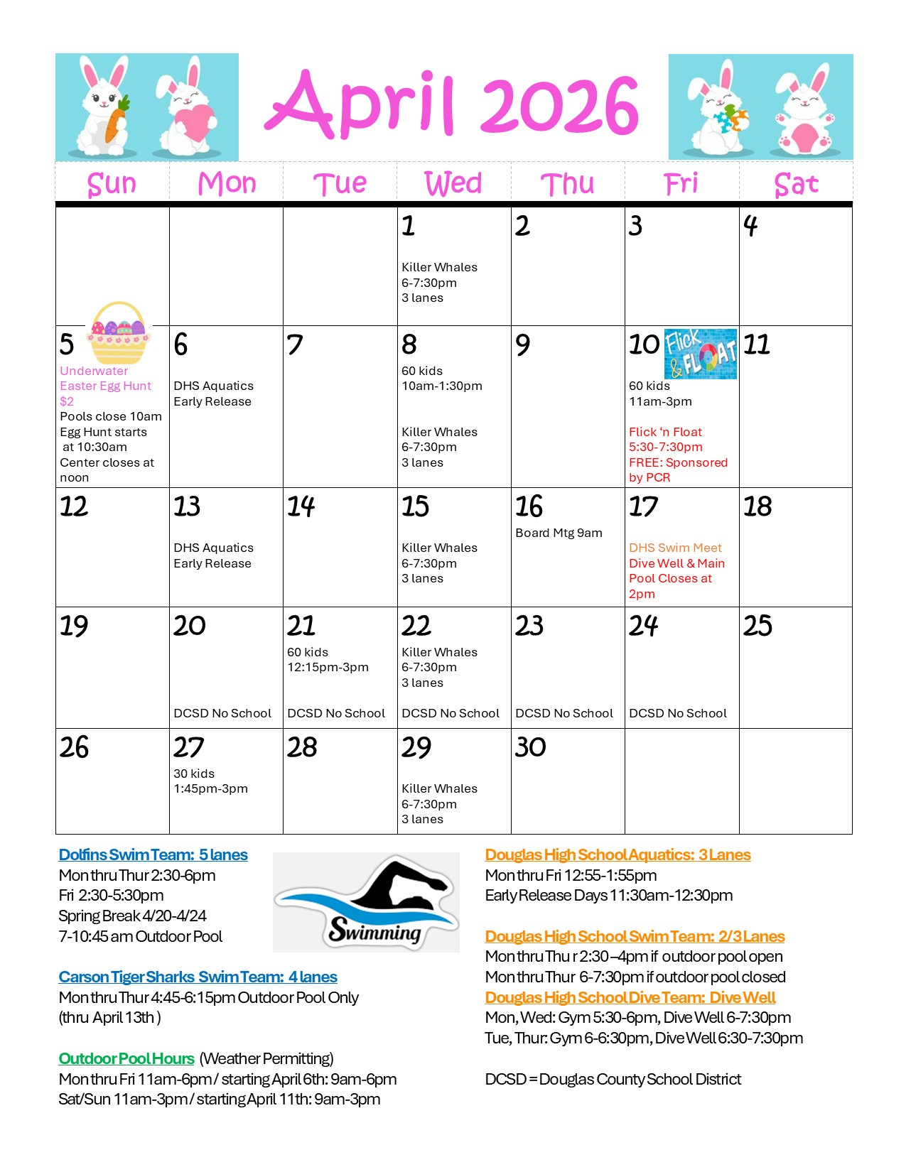 Carson Valley Swim Center July Event Calendar