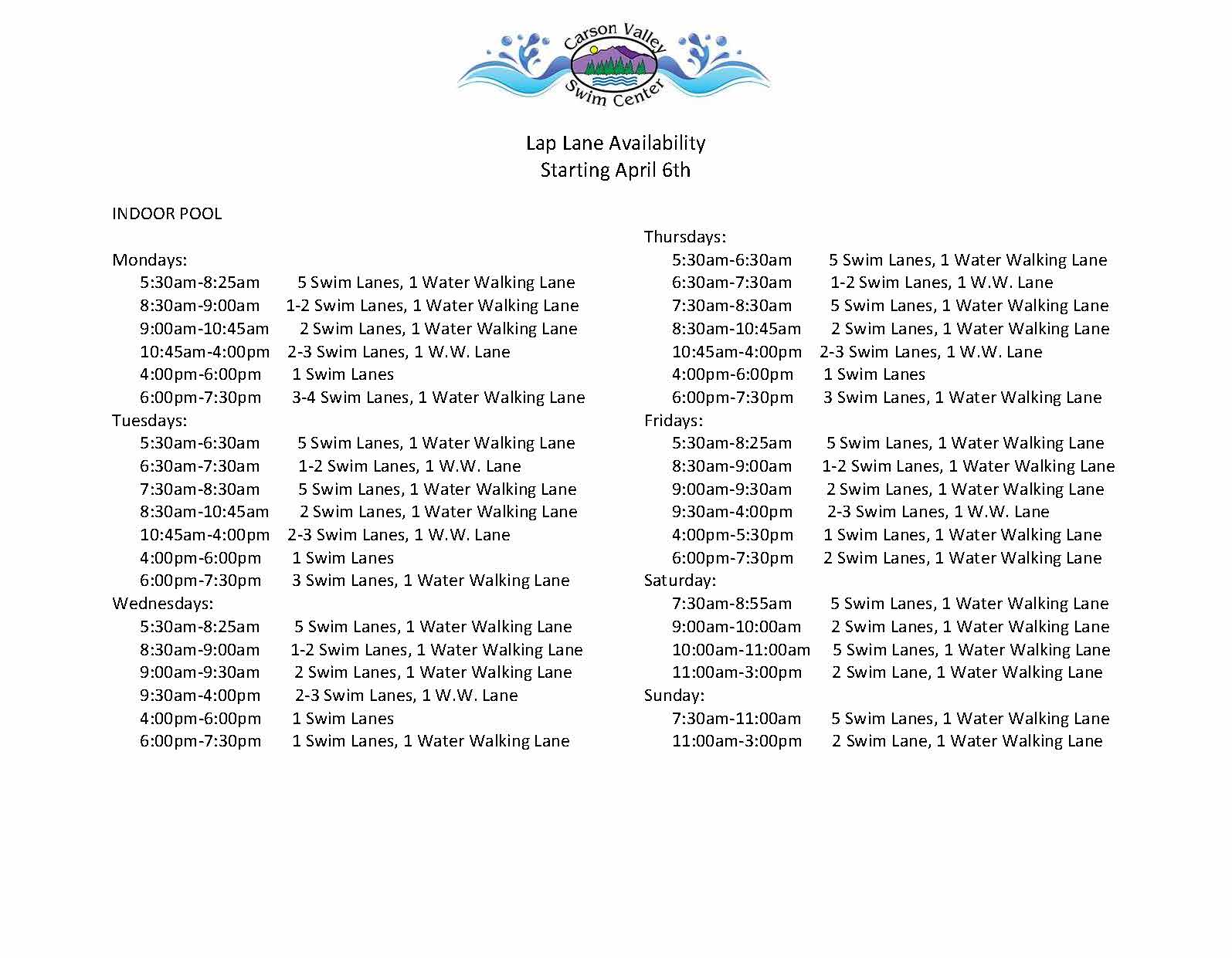 Carson Valley Swim Center winter lane availability schedule