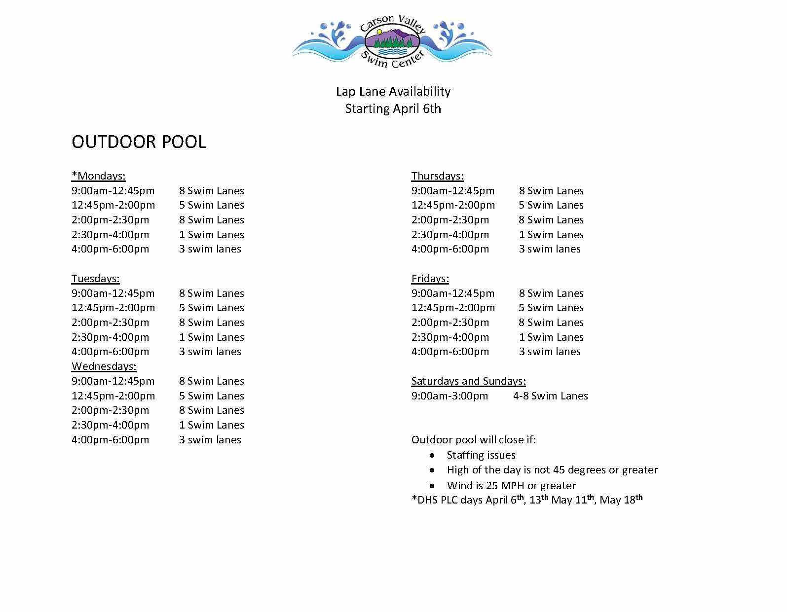 Carson Valley Swim Center winter lane availability schedule