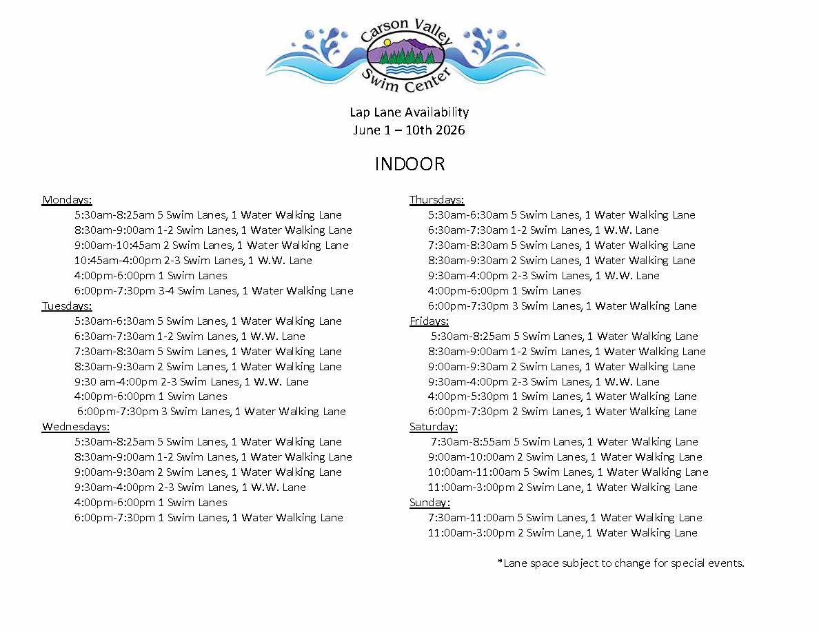 Indoor June 2026 thru 10th Carson Valley Swim Center winter lane availability schedule