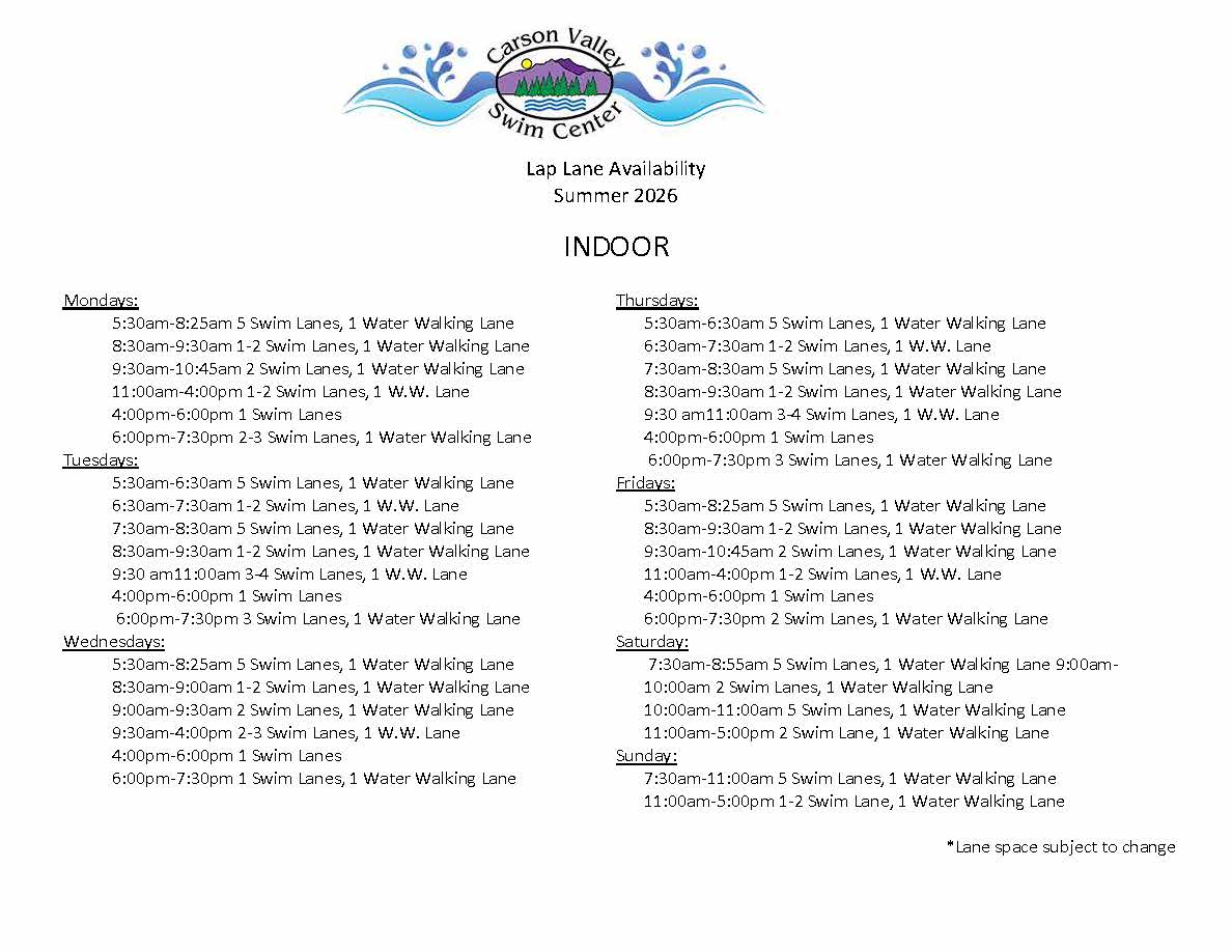 Indoor Summer 2026 Carson Valley Swim Center winter lane availability schedule