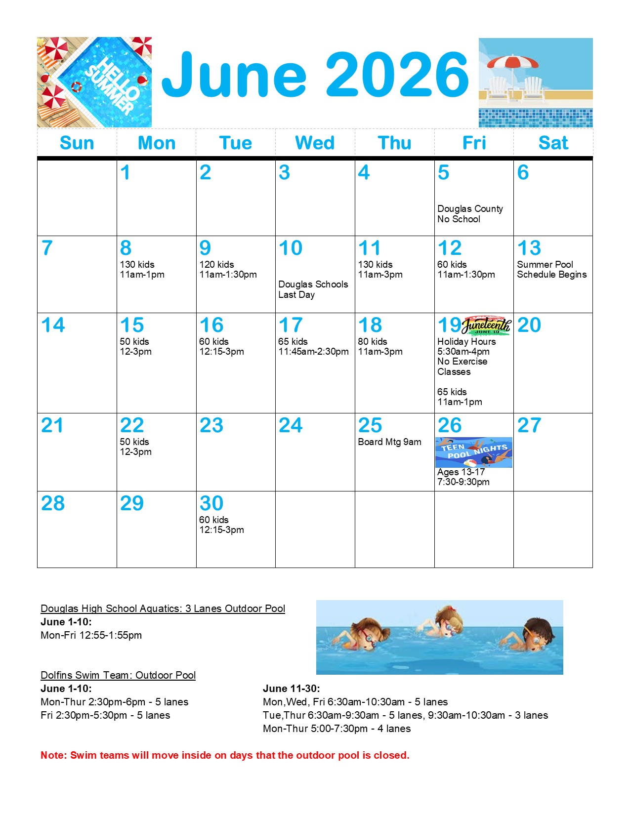Carson Valley Swim Center July Event Calendar