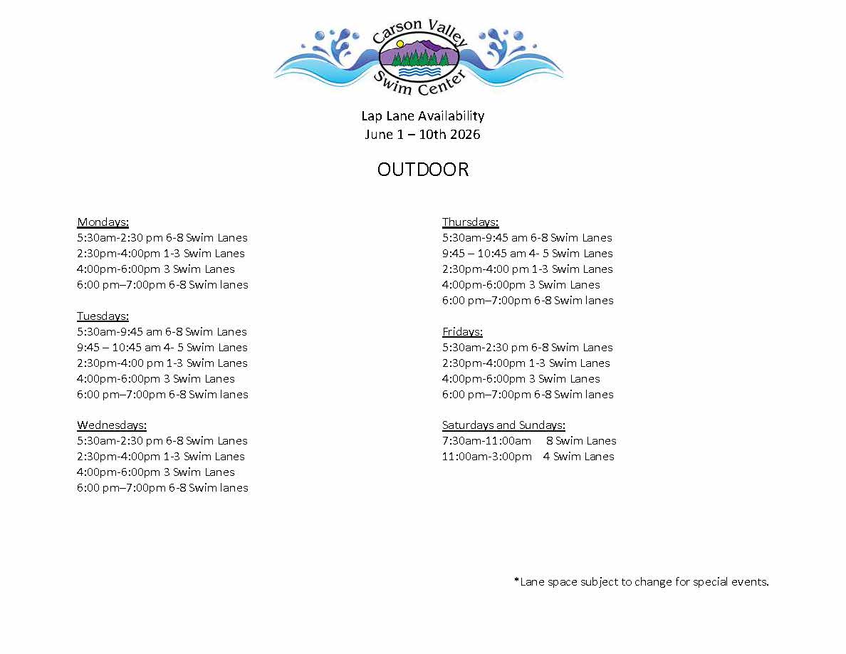 Outdoor June 2026 thru 10th Carson Valley Swim Center winter lane availability schedule