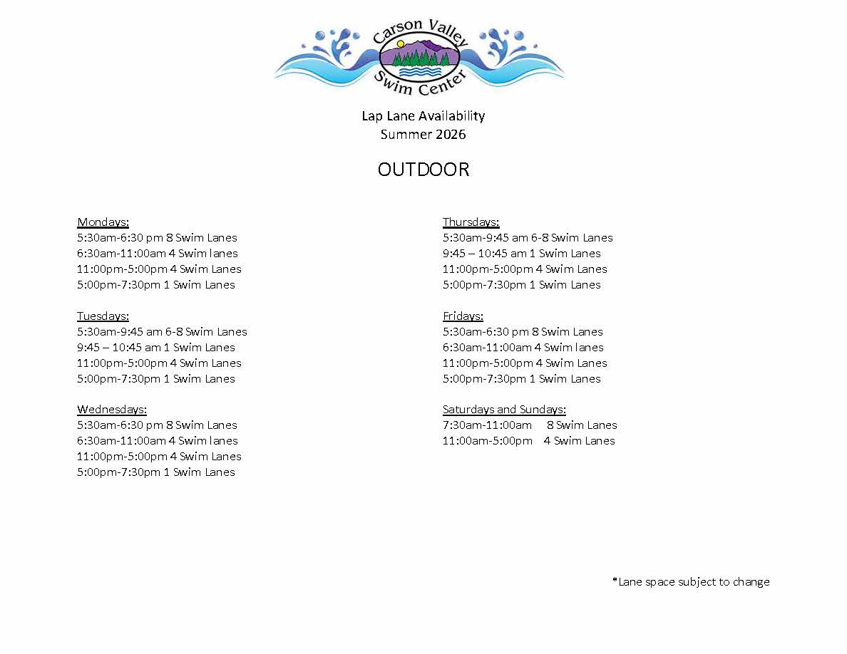 Outdoor Summer 2026 Carson Valley Swim Center winter lane availability schedule