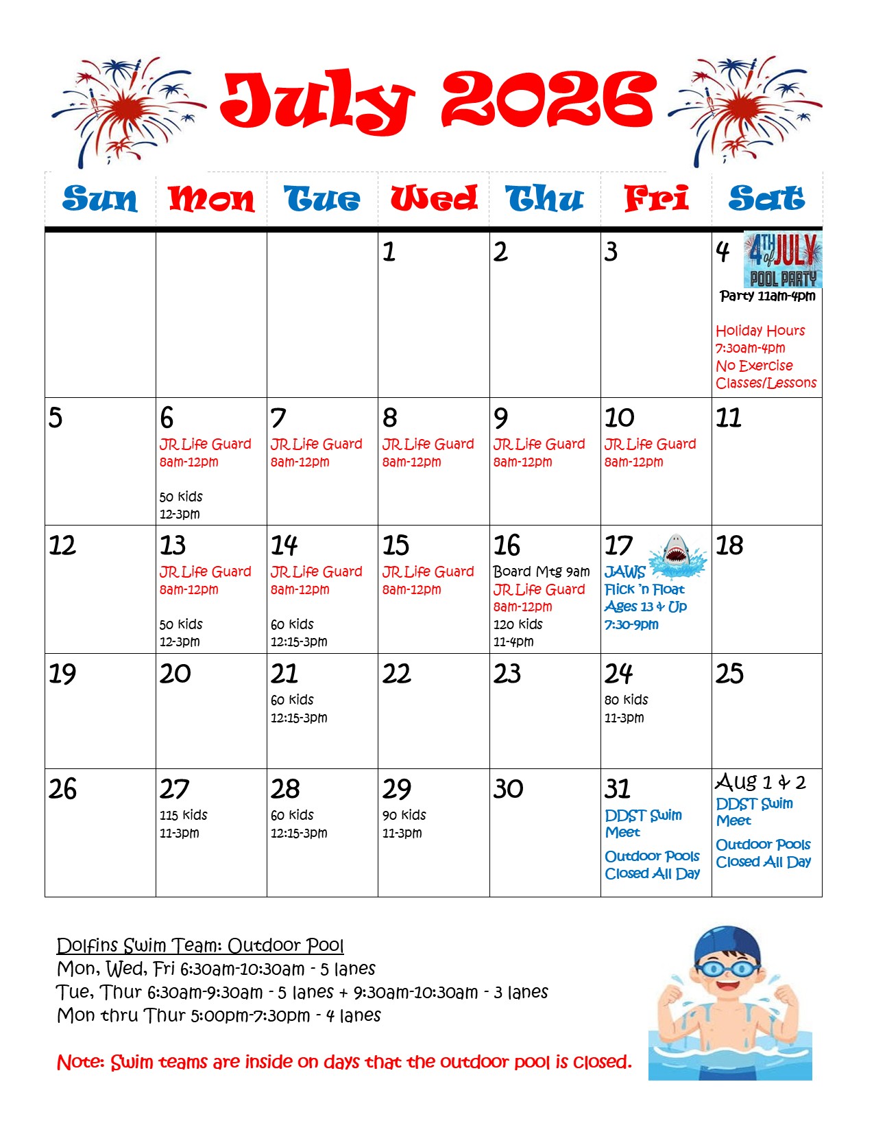 Carson Valley Swim Center July Event Calendar