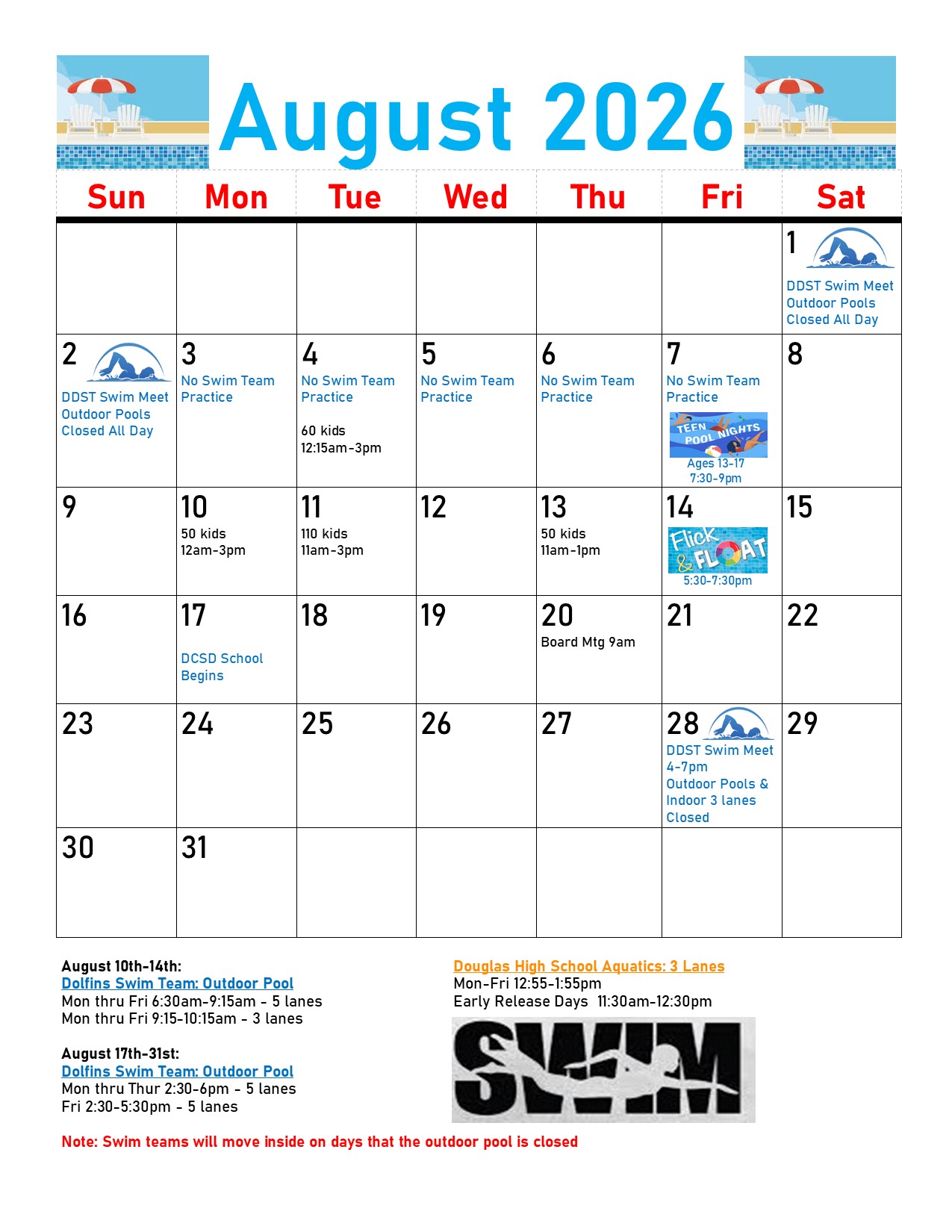 Carson Valley Swim Center July Event Calendar