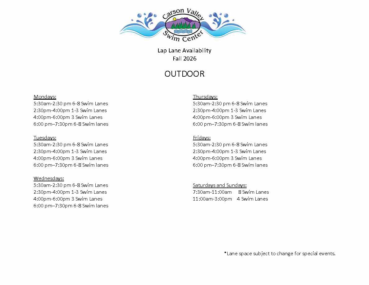 Indoor Fall 2026 Carson Valley Swim Center winter lane availability schedule