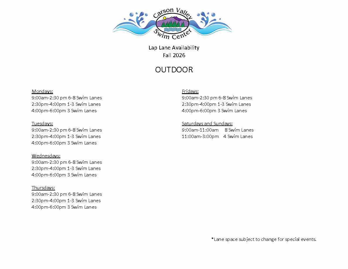 Outdoor October 2026 Carson Valley Swim Center winter lane availability schedule
